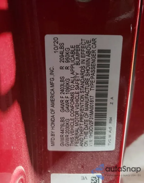 2021 Honda Accord Sport from USA, damaged, VIN 1HGCV2F31MA001817